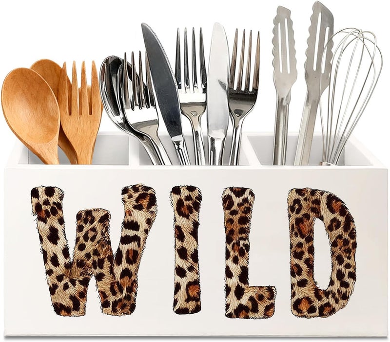 KBRCT Leopard Print WILD Western Wooden Utensils Holder, Rustic Farmhouse Cheetah Animal Print Wood Cooking Utensil Holder Organizer for Kitchen Countertop Counter Decor Accessories - Image 1